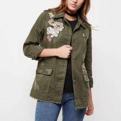 Khaki floral embroidered army jacket